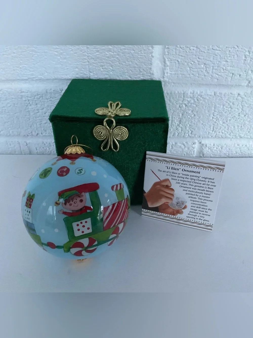 Vintage Pier 1 Li Bien Reverse Painted Glass Christmas Ornaments Set 4 Santa Elf